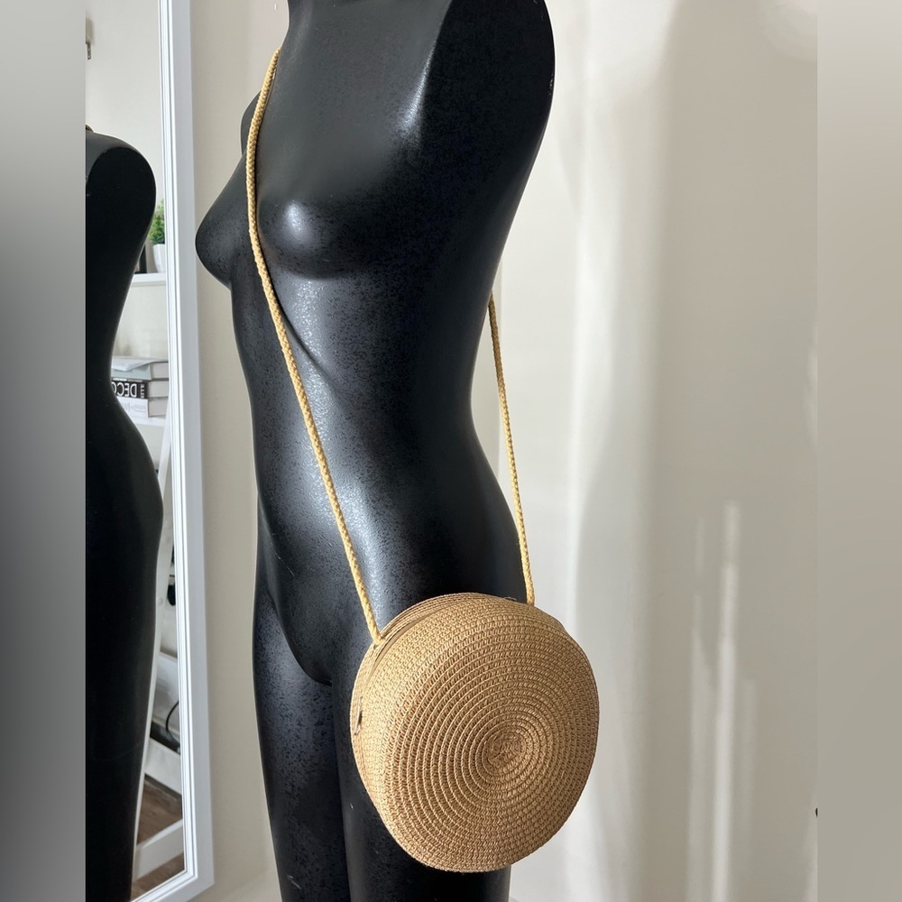 Tan Round Straw Crossbody Bag